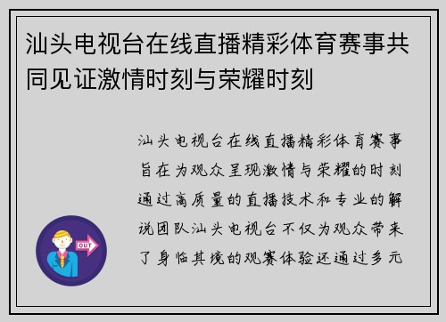 汕头电视台在线直播精彩体育赛事共同见证激情时刻与荣耀时刻